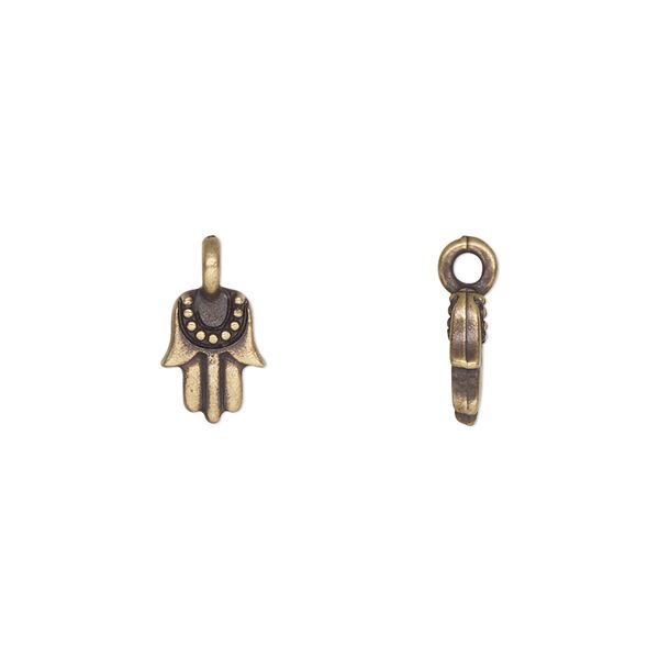 Charm, TierraCast&reg;, "Worlds Away" collection, antique brass-plated pewter (tin-based alloy), 9x7mm double-sided mini Hamsa. Sold per pkg of 4. image number 0
