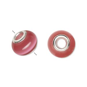 Bead, Dione&reg;, cat's eye glass (fiber optic glass) and silver-plated brass grommets, dark pink, 13x10mm-14x10mm rondelle. Sold per pkg of 6.
