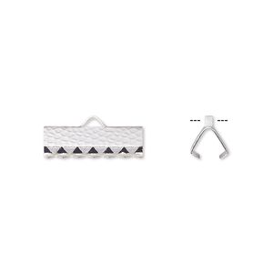Ribbon crimp end 1pkg100 silver-plated, 16x5mm hammered rectangle, brass