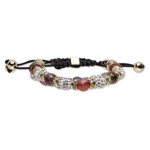 Bracelet, agate (dyed / heated) / glass rhinestone / nylon / polymer clay / gold-finished steel / "pewter" (zinc-based alloy), multicolored, 10mm wide, adjustable from 5-1/2 to 8-1/2 inches with macram&eacute; knot closure. Sold individually.