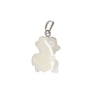 Pendant, mother-of-pearl shell (bleached) / antique silver-finished "pewter" (zinc-based alloy) / steel 1pkg1, 16x10mm-17x12mm single-sided carved chicken.