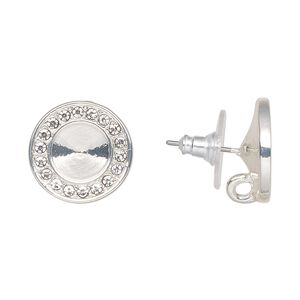 Earstud 1pkg2 Almost Instant Jewelry&reg; "pewter" (zinc-based alloy) / cubic zirconia, 15mm round / SS39 rivoli glue-in setting / closed hidden loop / comfort clutch, silver-finished / clear 1 pair
