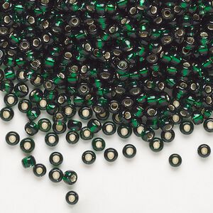 Seed bead, Miyuki, glass, pkg/50g, #8 rocaille, transparent silver-lined emerald (RR-27).