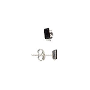 Earring 1pkg2 sterling silver, 5x3mm rectangle earstud / earnuts, glass jet 1 pair