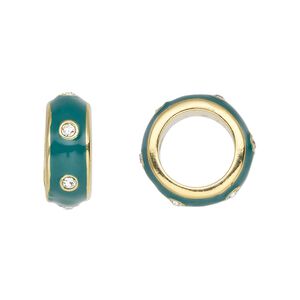 Bead 1pkg1 gold-finished "pewter", 14x5.5mm rondelle, enamel / green crystal Dione&reg;