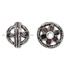 Bead 1pkg1 silver-plated, 16x14mm beaded rondelle star, brass / enamel red / antique