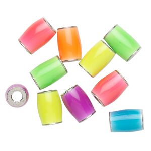 Bead mix 1pkg10 imitation rhodium-plated, 9x6mm-10x8mm tube / glow in the dark, brass / enamel