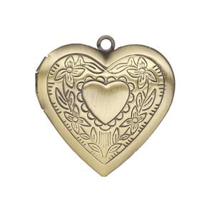Charm, antiqued brass, 29x27mm single-sided heart locket with stamped heart and flower design. Sold per pkg of 2.