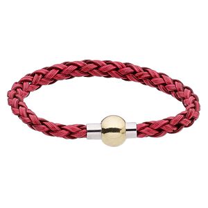 Bracelet, imitation leather with gold- and silver-finished "pewter" (zinc-based alloy), red, 6mm wide braided round, 7 inches with magnetic clasp. Sold individually.