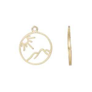 Charm Amoracast&reg; 1pkg1 sterling silver, 14mm 2-sided open sunny mountains round, brushed "vermeil" (gold finish)