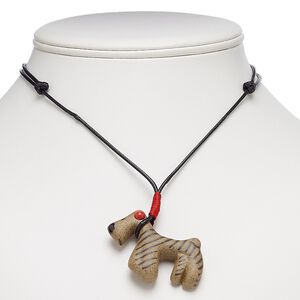 Necklace, porcelain and waxed cotton cord, brown / red / black, 50x30mm dog, adjustable from 16-30 inches with macram&eacute; knot closure. Sold individually.