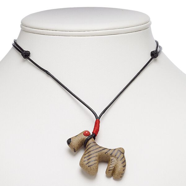 Necklace, porcelain and waxed cotton cord, brown / red / black, 50x30mm dog, adjustable from 16-30 inches with macram&eacute; knot closure. Sold individually. image number 0