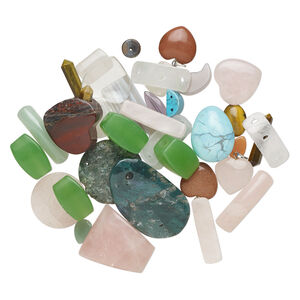 Bead and component mix, multi-gemstone (natural / dyed / manmade) and glass, mixed colors, 7x5mm-34x34mm mixed shape. Sold per 1/2 pound pkg, approximately 50-120 pieces.