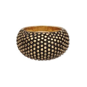 Ring, antiqued gold-finished "pewter" (zinc-based alloy), 15mm wide domed band with beaded design, size 9. Sold individually.