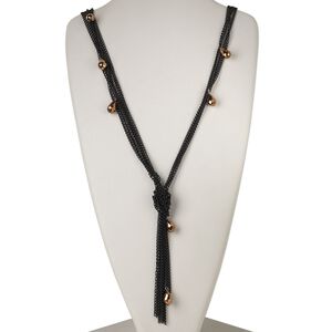 Necklace, 5-strand, steel and glass, black and bronze, 16x10mm faceted teardrop, 32 inches with 2-inch extender chain and lobster claw clasp. Sold individually.