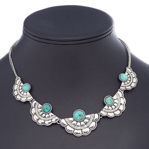 Necklace, magnesite (dyed / stabilized) with antique silver-plated steel and "pewter" (zinc-based alloy), turquoise blue, 29x19mm-40x27mm graduated fan, 16 inches with 2-inch extender chain and lobster claw clasp. Sold individually.