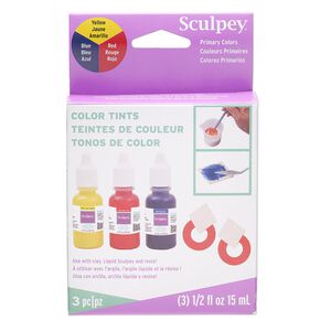 Color tint, Sculpey&reg; 1pkg3, red / blue / yellow, 0.5-fluid ounce bottles.