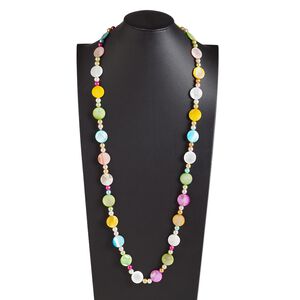 Necklace, glass pearl and mother-of-pearl shell (dyed) 1pkg1, multicolored, 20mm flat round and 8mm round, 44-inch continuous loop.