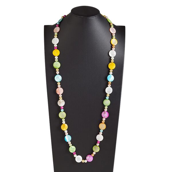 Necklace, glass pearl and mother-of-pearl shell (dyed) 1pkg1, multicolored, 20mm flat round and 8mm round, 44-inch continuous loop. image number 0
