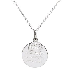 Necklace, Create Compliments&reg;, round charm with "Family is a circle of strength and love" and sterling silver chain, wearable at 16 and 18 inches. Sold individually.
