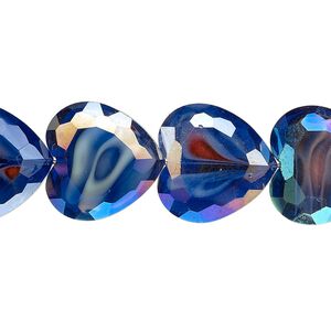 Bead, millefiori glass, marbled blue AB, 16x16mm faceted heart. Sold per 8-inch strand, approximately 10 beads.
