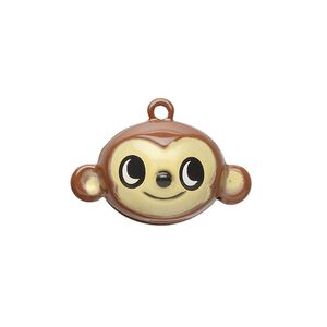 Bell, brass and enamel, multicolored, 24x14mm monkey head with clapper. Sold per pkg of 6.