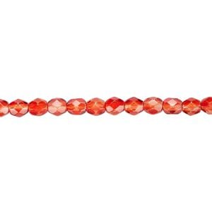 Bead, Czech fire-polished dipped d&eacute;cor glass, red, 4mm faceted round. Sold per 15-1/2" to 16" strand, approximately 100 beads.