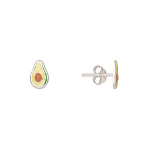 Earstud, Create Compliments&reg;, sterling silver and enamel, green / yellow / brown, 8.5x5.5mm avocado. Sold per pair.
