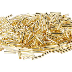 Bead, Miyuki, bugle bead, glass, pkg/50 g, 12x2.4mm center-drilled, silver-lined translucent gold, (RBU-0003).