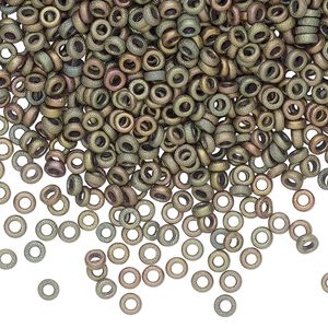 Seed bead, Miyuki, glass, pkg/10g, 3x1.3mm spacer rondelle, opaque iris khaki, (SPR3-2035).
