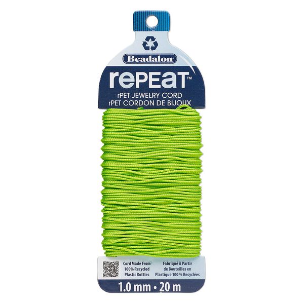 Cord, Beadalon&reg; RePEaT&trade;, recycled polyethylene, lime green, 1mm, 100-pound test. Sold per 20-meter card. image number 0