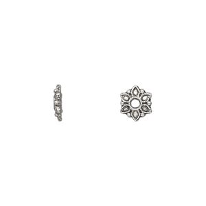 Bead 1pkg100 silver-plated "pewter", 7x2mm flower rondelle / single-sided, antique