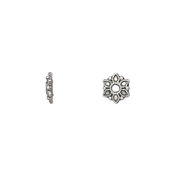 Bead 1pkg100 silver-plated "pewter", 7x2mm flower rondelle / single-sided, antique image number 0