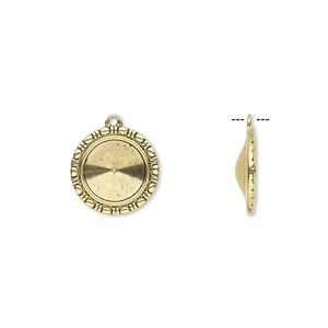 Drop, Almost Instant Jewelry&reg;, antique gold-finished "pewter" (zinc-based alloy), 23mm round with beaded design and 16mm rivoli setting. Sold per pkg of 6.