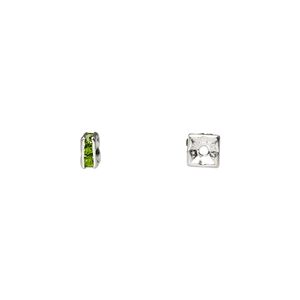 Bead 1pkg10 silver-plated, 4x2mm squaredelle, brass / peridot green rhinestone