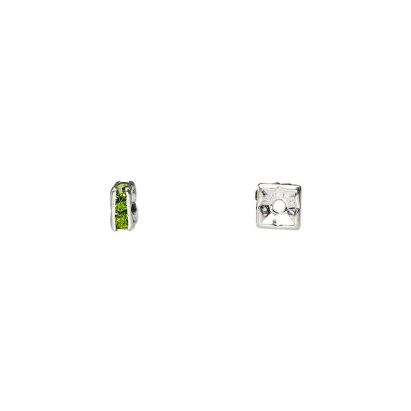 Bead 1pkg10 silver-plated, 4x2mm squaredelle, brass / peridot green rhinestone image number 0