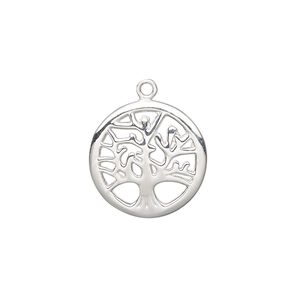Drop, sterling silver, 17.5mm single-sided curved round with cutout tree of life. Sold individually.