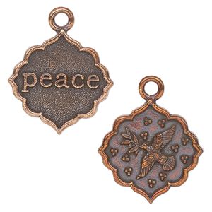 Drop, TierraCast&reg;, antique copper-plated pewter, 24.5mm 2-sided scalloped diamond with dove and "peace." Sold per pkg of 10.