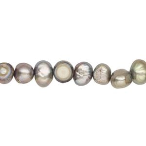 Pearl, cultured freshwater (dyed), gunmetal green, 5-7mm flat-sided potato with 0.4-0.5mm hole, D grade, Mohs hardness 2-1/2 to 4. Sold per 15-inch strand.