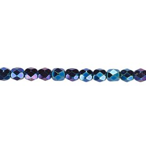 Bead, Czech fire-polished glass, opaque iris blue, 4mm faceted round. Sold per 15-1/2" to 16" strand.