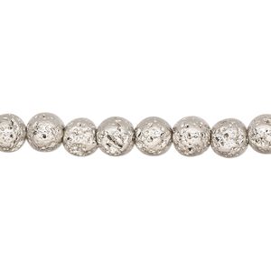 Lava rock 1pkg1, electrocoated round bead, silver 15.5-16 inch 6-7mm