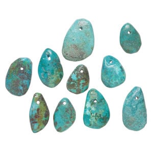 Turquoise 1pkg10, hand-cut top-drilled puffed teardrop / oval / freeform drop, mix 16x12mm-26x18mm green / blue / brown