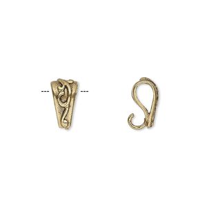 Bail, pendant, antiqued brass, 10x5mm triangle with swirl design and hidden loop. Sold per pkg of 2.
