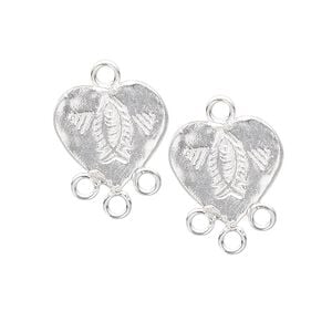 Drop, sterling silver, 21x15mm heart with fish, 3 loops. Sold per pkg of 2.