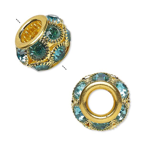 Bead 1pkg1 gold-finished "pewter", 18x12mm rondelle / 6mm faceted round, Egyptian glass rhinestone / topaz blue image number 0