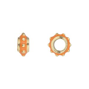 Bead 1pkg1 gold-finished "pewter", 12x6mm rondelle, enamel orange Dione&reg;