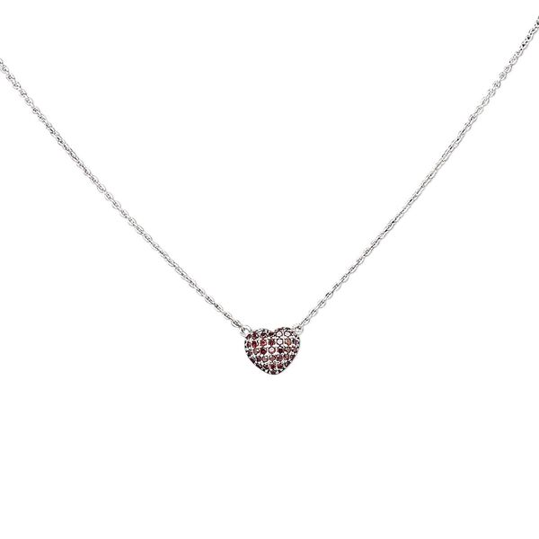 Necklace, glass with rhodium-plated brass, red, 8x8mm pav&eacute; heart, 16 inches with lobster claw clasp. Sold individually. image number 0