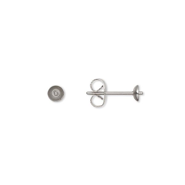 Earstud 1pkg100, 4mm cup / 2.5mm peg / 4-6mm half-drilled round setting / earnuts, stainless steel 50 pair image number 0