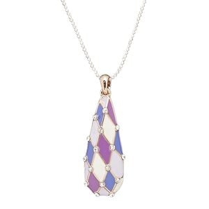 Necklace, glass rhinestone / enamel / rose gold-finished brass / steel "pewter" (zinc-based alloy), multicolored, 45x17mm teardrop, 24 inches with 2-inch extender chain and lobster claw clasp. Sold individually.