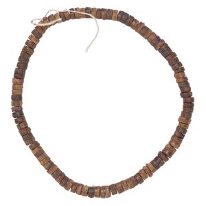 Bead, wood (dyed), dark brown, 6x2mm-7x3mm heishi. Sold per 12-inch strand.
